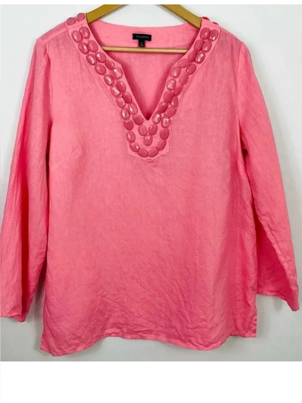 Talbots Pink Linen Beaded Neckline Tunic Top Size Medium